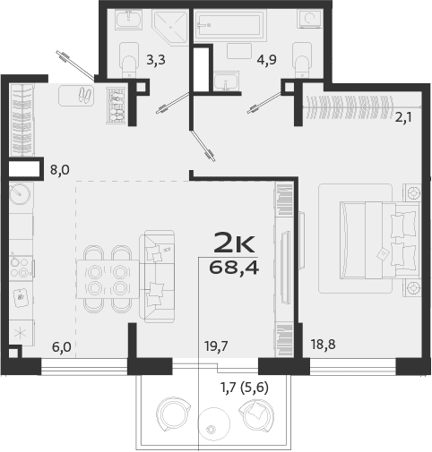 1-комн., 62.8 м²