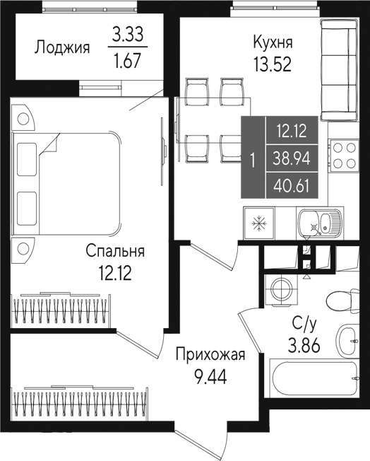 1-комн., 38.93 м²