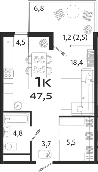 Студия, 38.2 м²