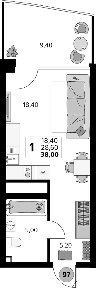 Студия, 28.6 м²