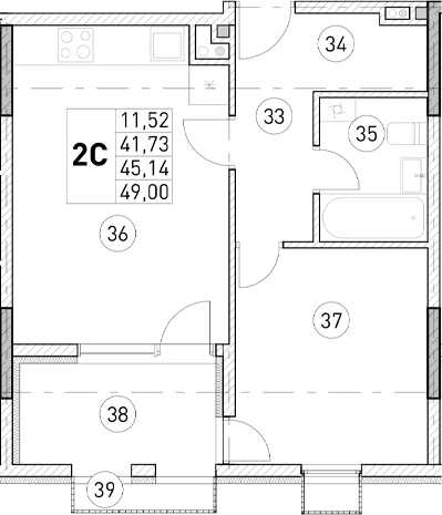 2-комн., 41.73 м²