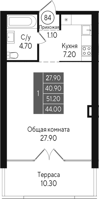 Студия, 40.9 м²