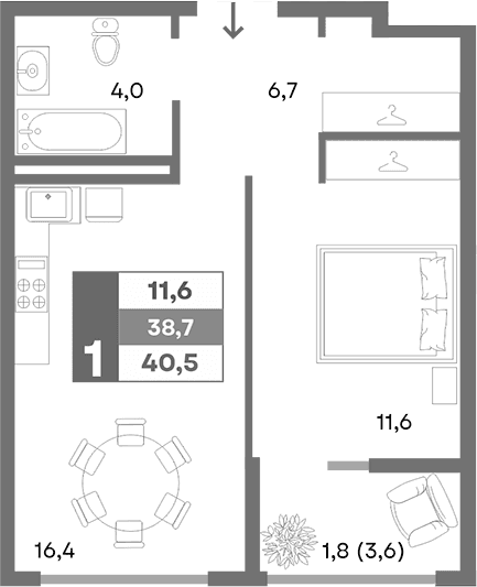 1-комн., 38.7 м²