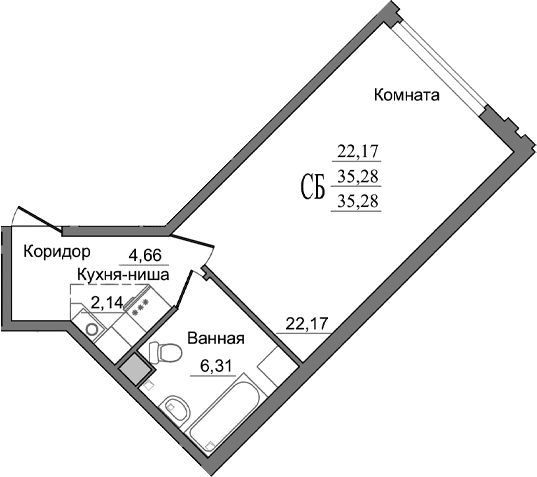 Студия, 35.5 м²