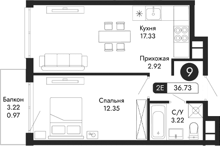 2-комн., 35.76 м²