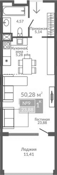 Студия, 38.87 м²