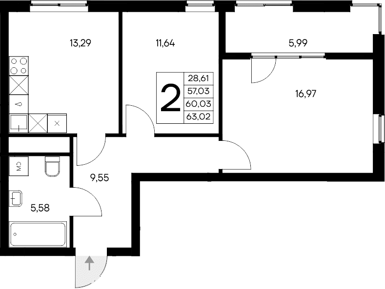 2-комн., 57.03 м²