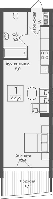 Студия, 37.9 м²