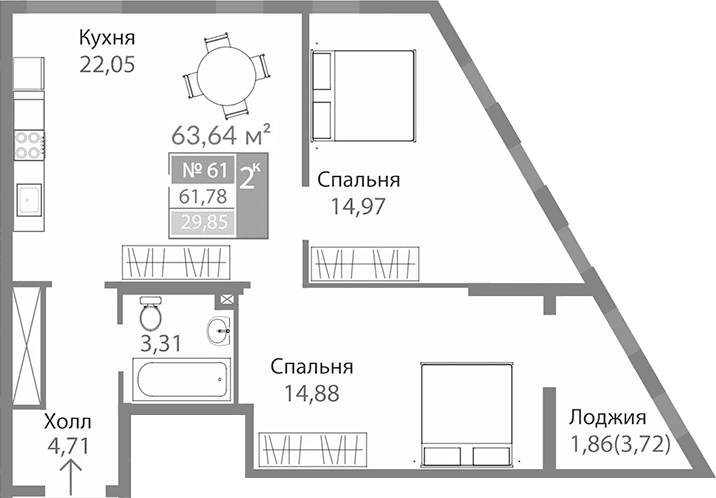 2-комн., 59.92 м²