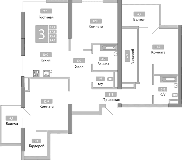 3-комн., 87.2 м²