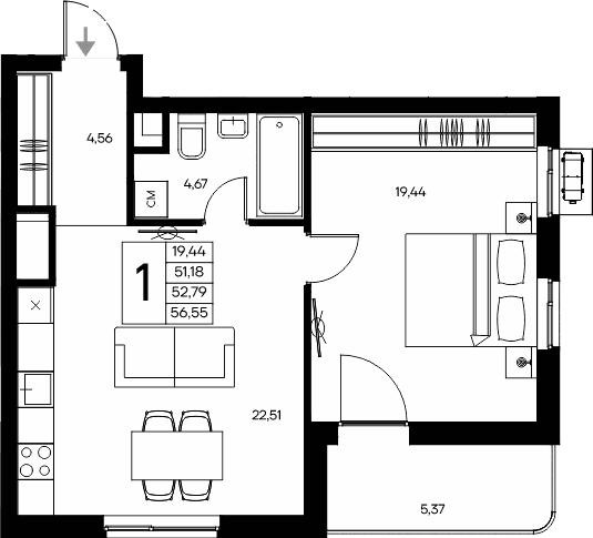 1-комн., 51.18 м²