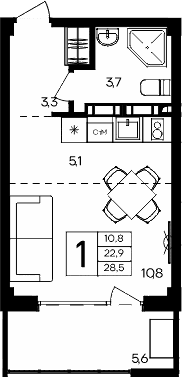 Студия, 22.9 м²