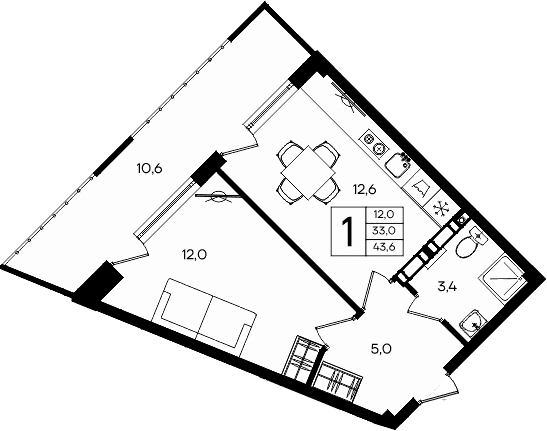 1-комн., 33 м²