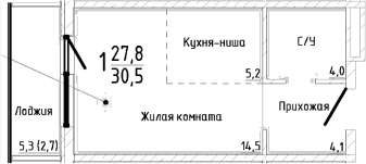 Студия, 27.8 м²