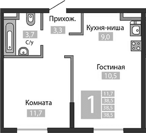 1-комн., 38.5 м²