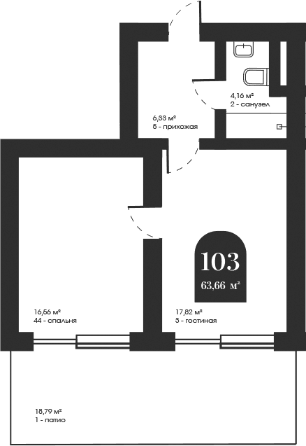 1-комн., 44.87 м²