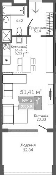 Студия, 38.57 м²