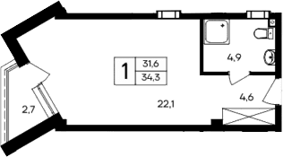Студия, 31.6 м²