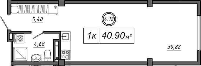 Студия, 40.9 м²