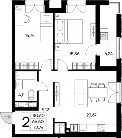 2-комн., 66.5 м²