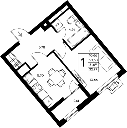 1-комн., 30.38 м²