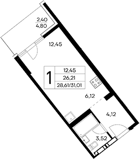 Студия, 28.61 м²
