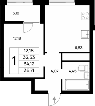 1-комн., 32.53 м²