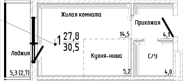 Студия, 27.8 м²