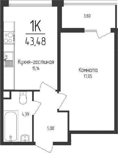 1-комн., 41.58 м²