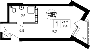 Студия, 28.9 м²