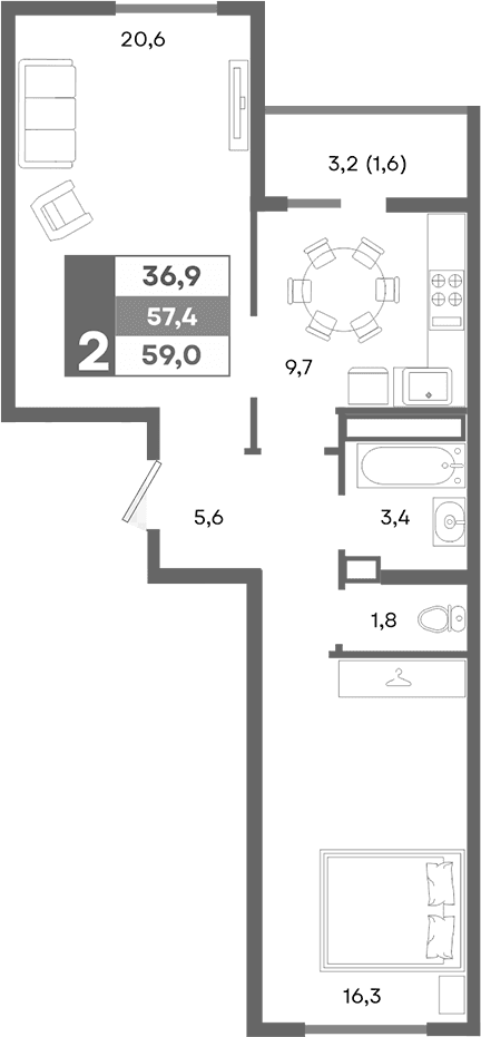 2-комн., 57.4 м²