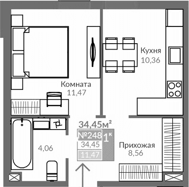 1-комн., 34.45 м²