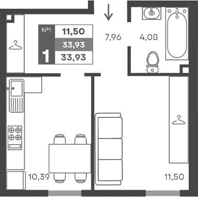 1-комн., 33.93 м²