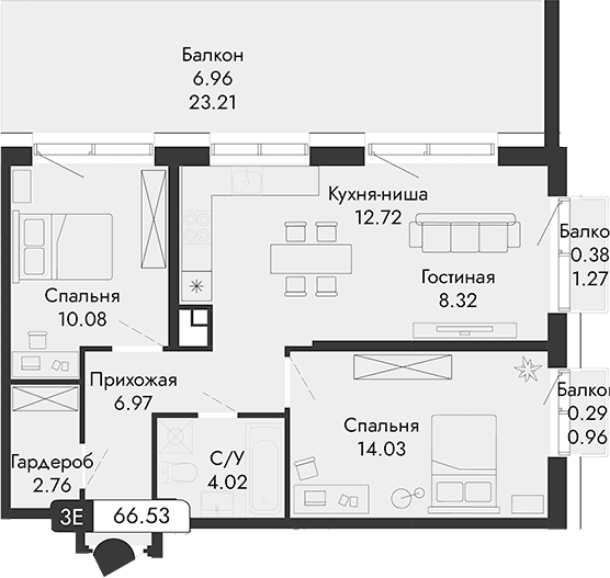 3-комн., 58.9 м²