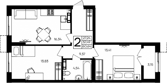 2-комн., 57.49 м²