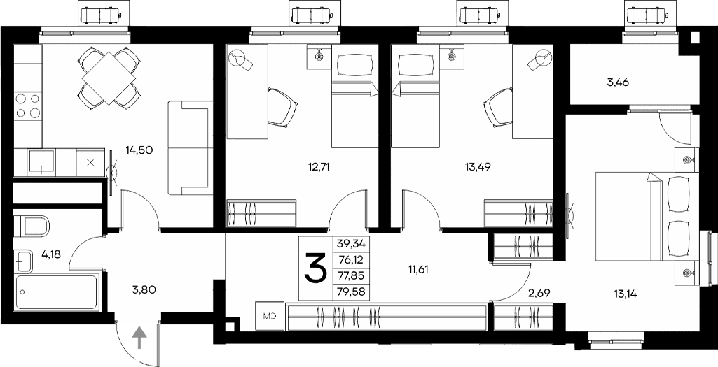 3-комн., 76.12 м²