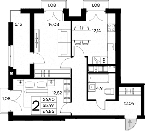 2-комн., 55.49 м²