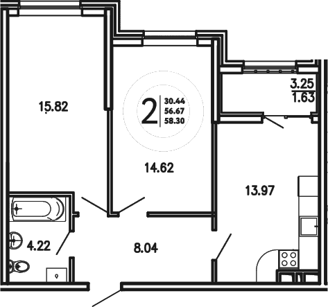 2-комн., 56.67 м²