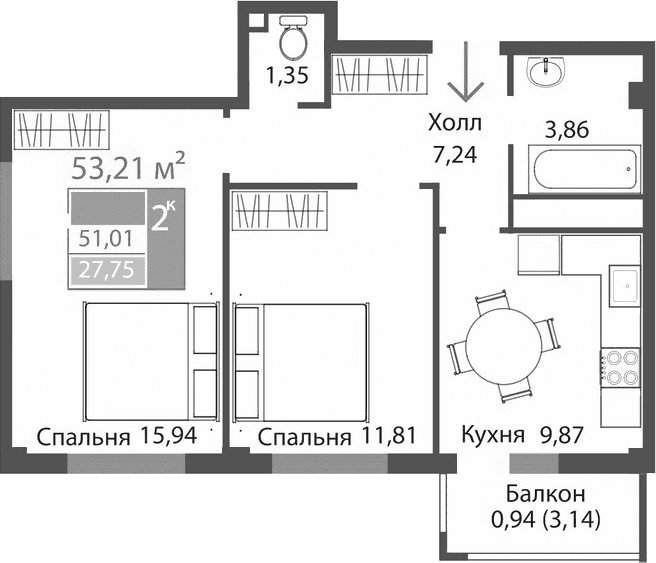 2-комн., 50.07 м²