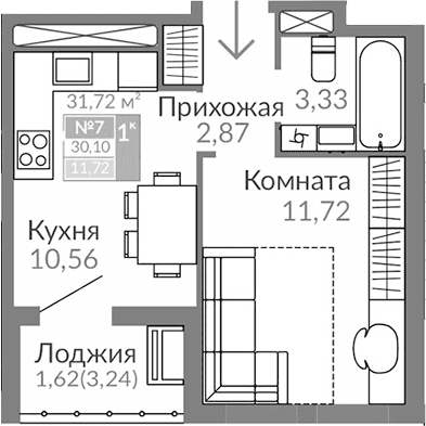 1-комн., 28.48 м²