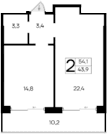 1-комн., 43.9 м²