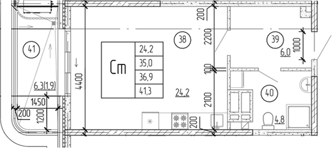 Студия, 39.4 м²