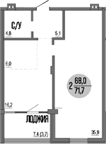 2-комн., 68 м²