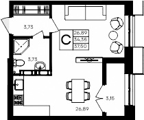 Студия, 34.35 м²
