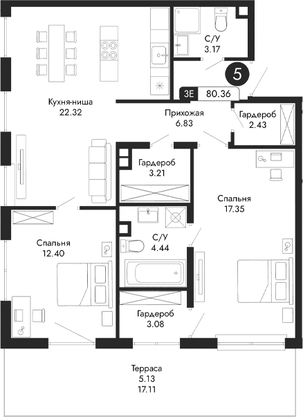 3-комн., 75.23 м²
