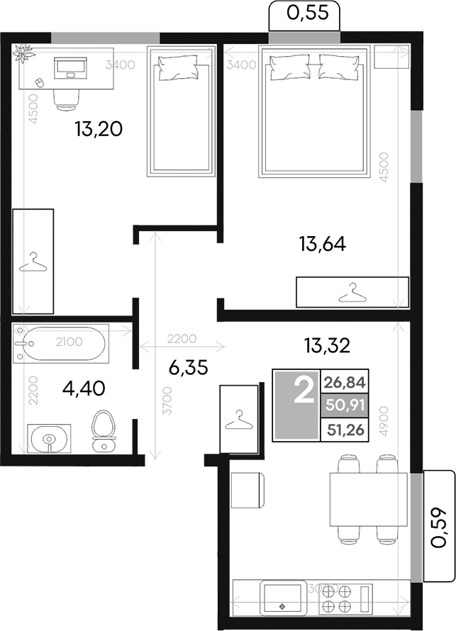 2-комн., 50.91 м²