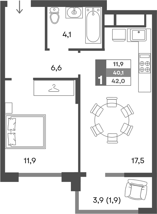 2-комн., 40.1 м²