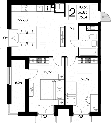 2-комн., 66.83 м²