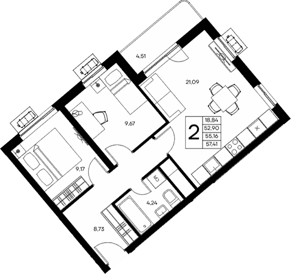 2-комн., 52.9 м²