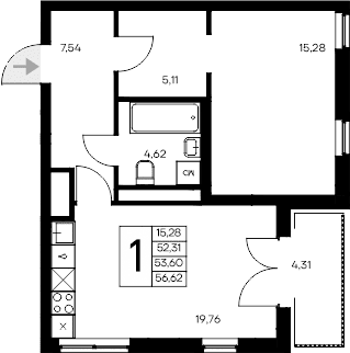 1-комн., 52.31 м²